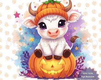 Cute Highland Cow Halloween PNG | Pumpkin Clipart (Digital Download)