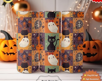 Halloween Tumbler Wrap – Patchwork Ghosts, Cats, Pumpkins (Digital Download)