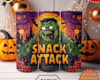 Snack Attack Zombie Halloween Tumbler Wrap PNG | Funny Scary 20oz Sublimation Skinny Design