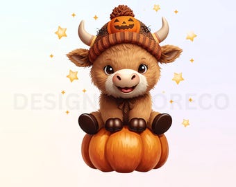 Cute Highland Cow Halloween PNG | Pumpkin Clipart (Digital Download)