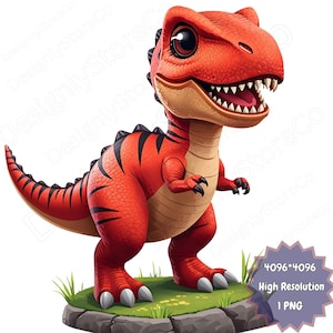 Red Cartoon Baby T-Rex PNG | Cute Mini Dinosaur Digital Design | High Quality 4096x4096 PNG for T-shirt Printing,Stickers,Mugs&Sublimation