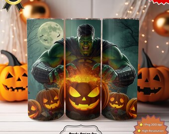 Halloween Green Monster Super Hero Pumpkin Tumbler 20oz – Scary Horror Full Wrap Design