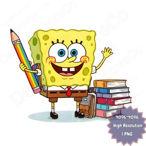 Puede incluir: Ilustración de dibujos animados de Bob Esponja, sosteniendo un lápiz arcoíris y una mochila. Está sonriendo y saludando, con una pila de libros y una mochila escolar cerca. La imagen incluye el texto "4096*4096 Alta Resolución 1 PNG".
