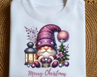 Purple Merry Christmas Gnome PNG Ready Design for Print Digital Download