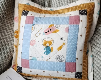 Handmade Quilted Pillow Cover | 14x14 Cotton Patchwork, Nursery Decor, Gift for a newborn