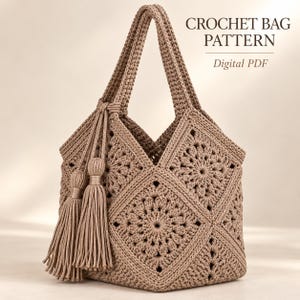 Crochet Granny Square Tote Bag Pattern PDF, Light Brown Boho Handbag, Two Tassels