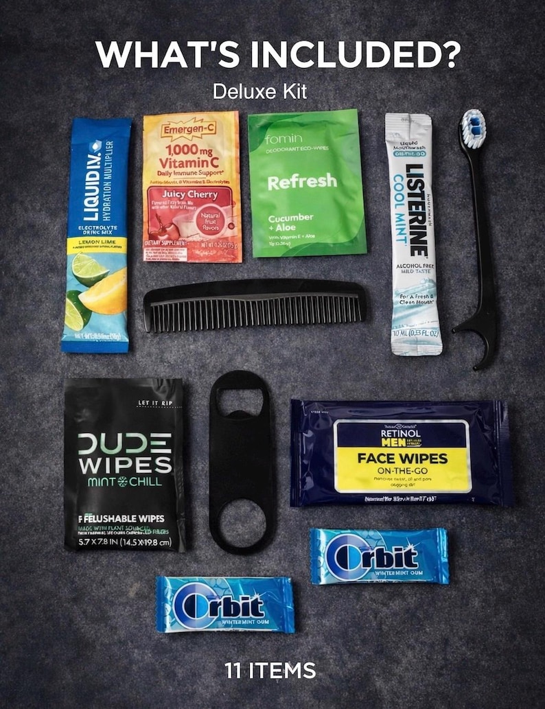 May include: A deluxe kit containing various personal care items. Includes electrolyte drink mix, vitamin C packets, deodorant wipes, a comb, mouthwash, a toothbrush, Dude Wipes, a bottle opener, face wipes, and Orbit gum. The kit contains 11 items.