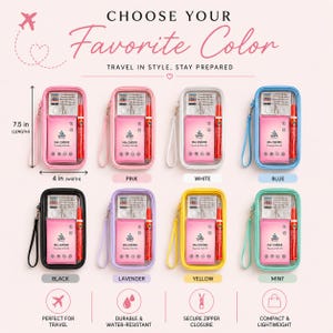 May include: Eight rectangular travel pouches with wrist straps, each measuring 7.5 inches in length and 4 inches in width. Each pouch contains a sewing kit and a Tide stain remover pen. Available in pink, white, blue, black, lavender, yellow, and mint.