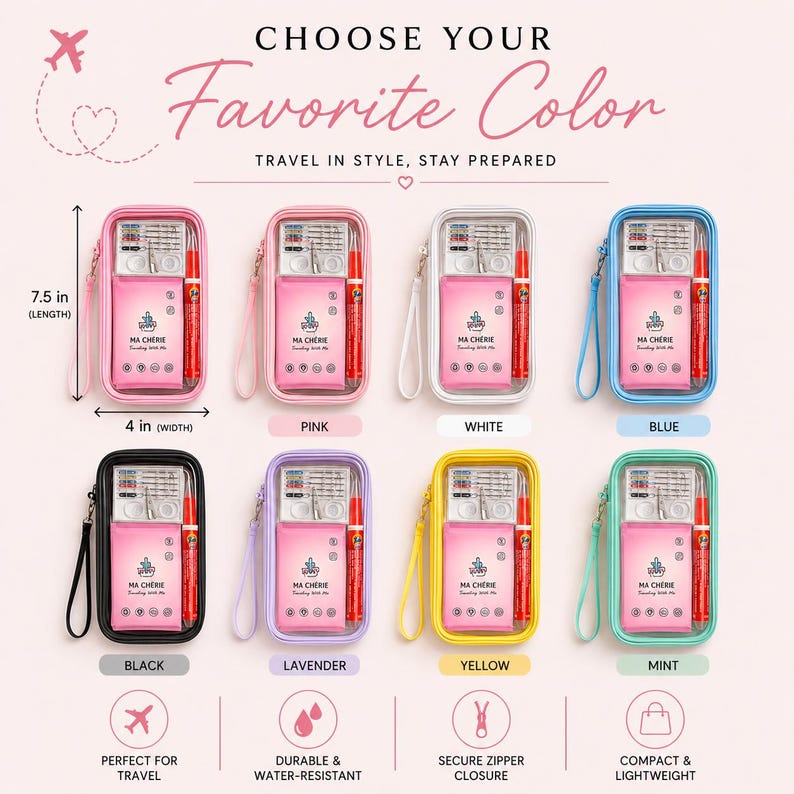 May include: Eight rectangular travel pouches with wrist straps, each measuring 7.5 inches in length and 4 inches in width. Each pouch contains a sewing kit and a Tide stain remover pen. Available in pink, white, blue, black, lavender, yellow, and mint.