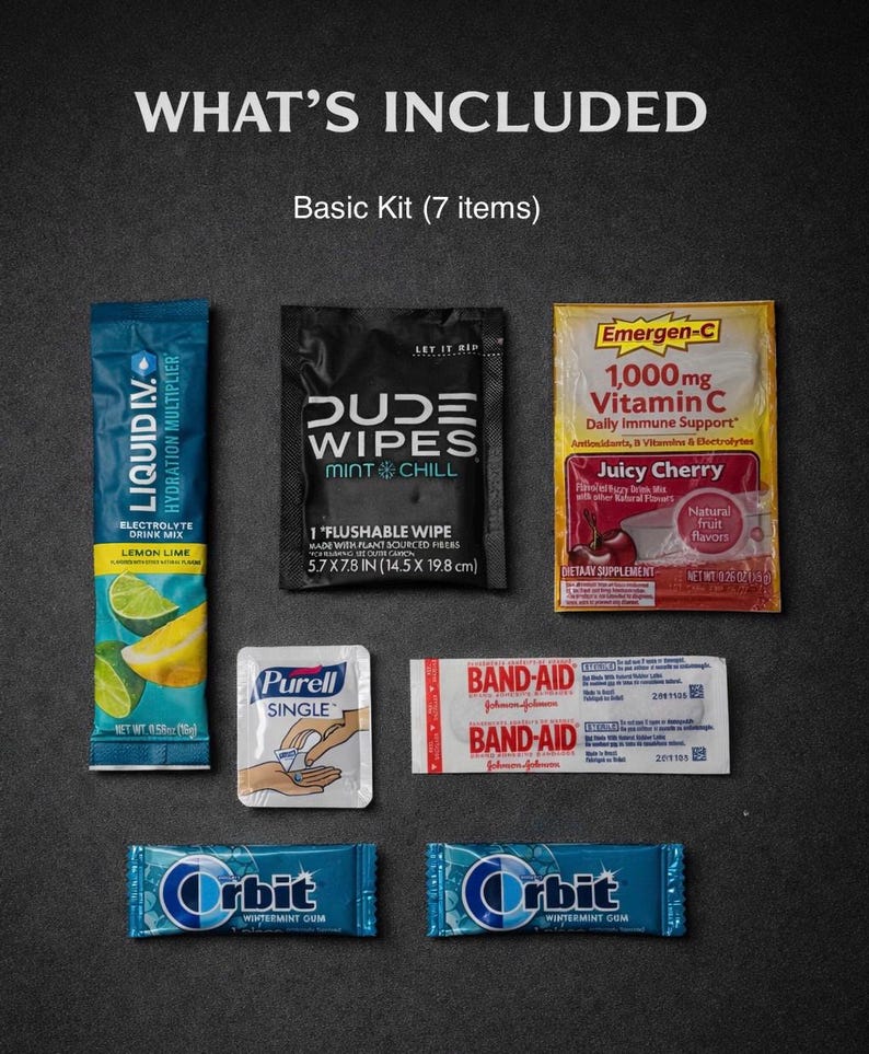 May include: A basic kit containing seven items, including Liquid I.V. electrolyte drink mix, Dude Wipes, Emergen-C vitamin C packets, Purell hand sanitizer, Band-Aid bandages, and Orbit wintermint gum. The kit is displayed on a dark gray surface.