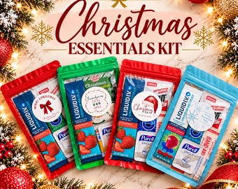 May include: Four colorful pouches labeled Christmas Essentials Kit containing Liquid I.V. strawberry drink mix, Purell hand sanitizer, and Band-Aid strips. Each pouch features a round sticker with holiday text and graphics.