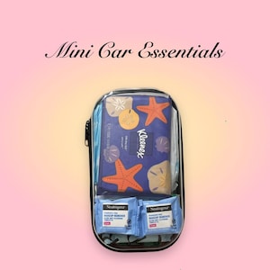 May include: A clear, zippered pouch labeled "Mini Car Essentials" contains a box of Kleenex tissues with starfish and seashell graphics, and two Neutrogena makeup remover towelettes. The background is a gradient of pink and yellow.