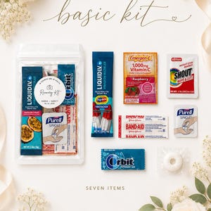 May include: A basic kit containing a clear pouch with a Liquid I.V. packet, Purell wipe, and Band-Aid. Loose items include a Liquid I.V. Firecracker packet, Emergen-C Raspberry, Shout wipe, Band-Aid, Purell wipe, Orbit gum, and a white mint.