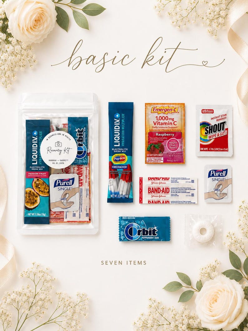 May include: A basic kit containing a clear pouch with a Liquid I.V. packet, Purell wipe, and Band-Aid. Loose items include a Liquid I.V. Firecracker packet, Emergen-C Raspberry, Shout wipe, Band-Aid, Purell wipe, Orbit gum, and a white mint.