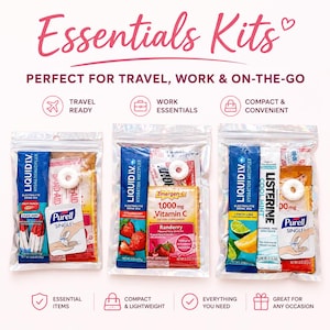 May include: Three clear plastic pouches containing assorted personal care items including Liquid I.V. electrolyte drink mix packets, Emergen-C Vitamin C, Listerine Cool Mint strips, Purell hand sanitizer singles, and white round mints or candies.