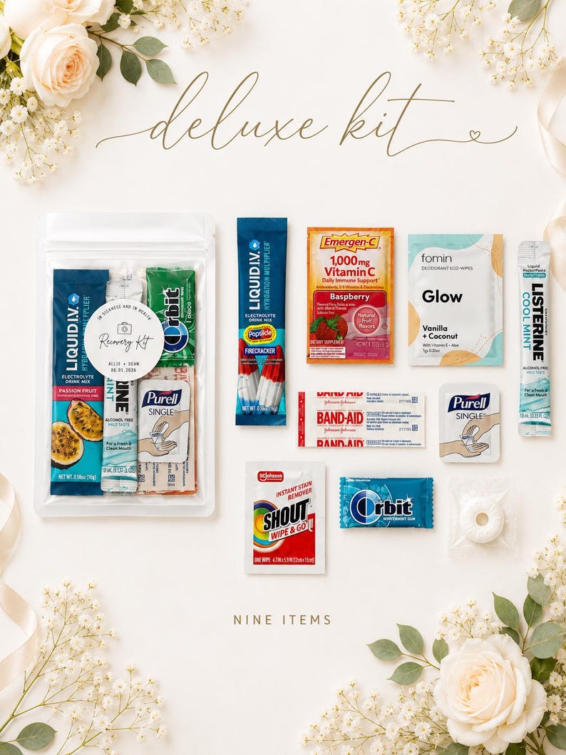 May include: A deluxe kit containing nine items: a Liquid I.V. passion fruit sachet, a Liquid I.V. firecracker sachet, an Emergen-C raspberry sachet, a Fomin Glow vanilla coconut wipe, a Listerine cool mint strip, two Purell wipes, a Band-Aid, a Shout wipe, and an Orbit gum pack, all arranged with a recovery kit label.
