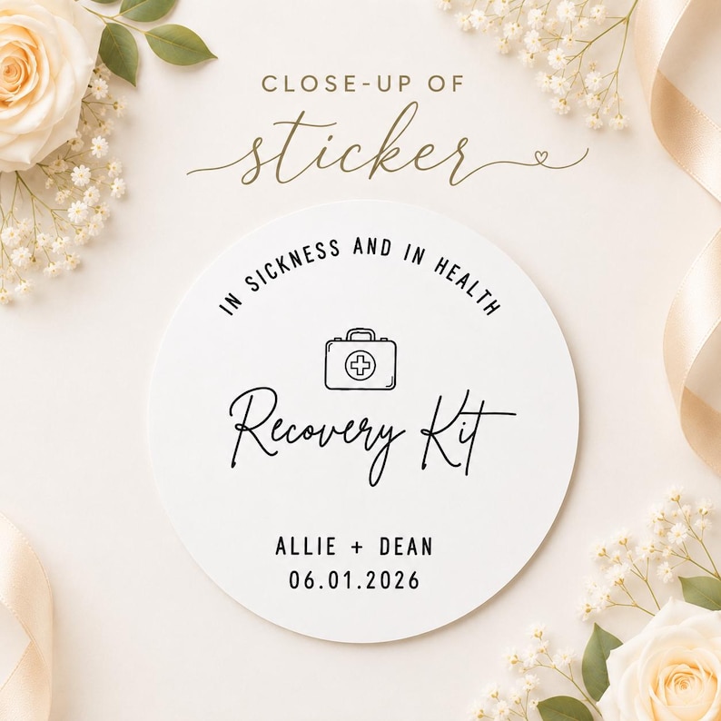 May include: A round white sticker featuring the black text IN SICKNESS AND IN HEALTH, a line art medical kit icon, the script text Recovery Kit, and the personalised text ALLIE + DEAN followed by the date 06.01.2026 in a clean sans-serif font.