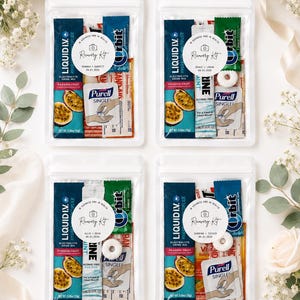 May include: Four white resealable pouches containing recovery kits. Each kit includes a Liquid I.V. passion fruit electrolyte drink mix packet, a green Orbit gum pack, a Purell hand sanitiser single, and a round sticker labelled Recovery Kit.