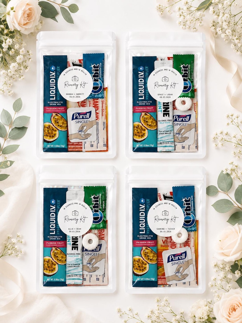May include: Four white resealable pouches containing recovery kits. Each kit includes a Liquid I.V. passion fruit electrolyte drink mix packet, a green Orbit gum pack, a Purell hand sanitiser single, and a round sticker labelled Recovery Kit.