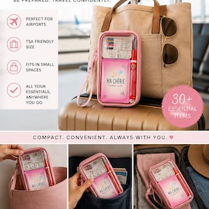 May include: A pink rectangular travel kit with a clear front panel containing various small items, including a sewing kit and a pink packet labeled Ma Ch&eacute;rie. The kit features a wrist strap and is shown in multiple travel contexts.