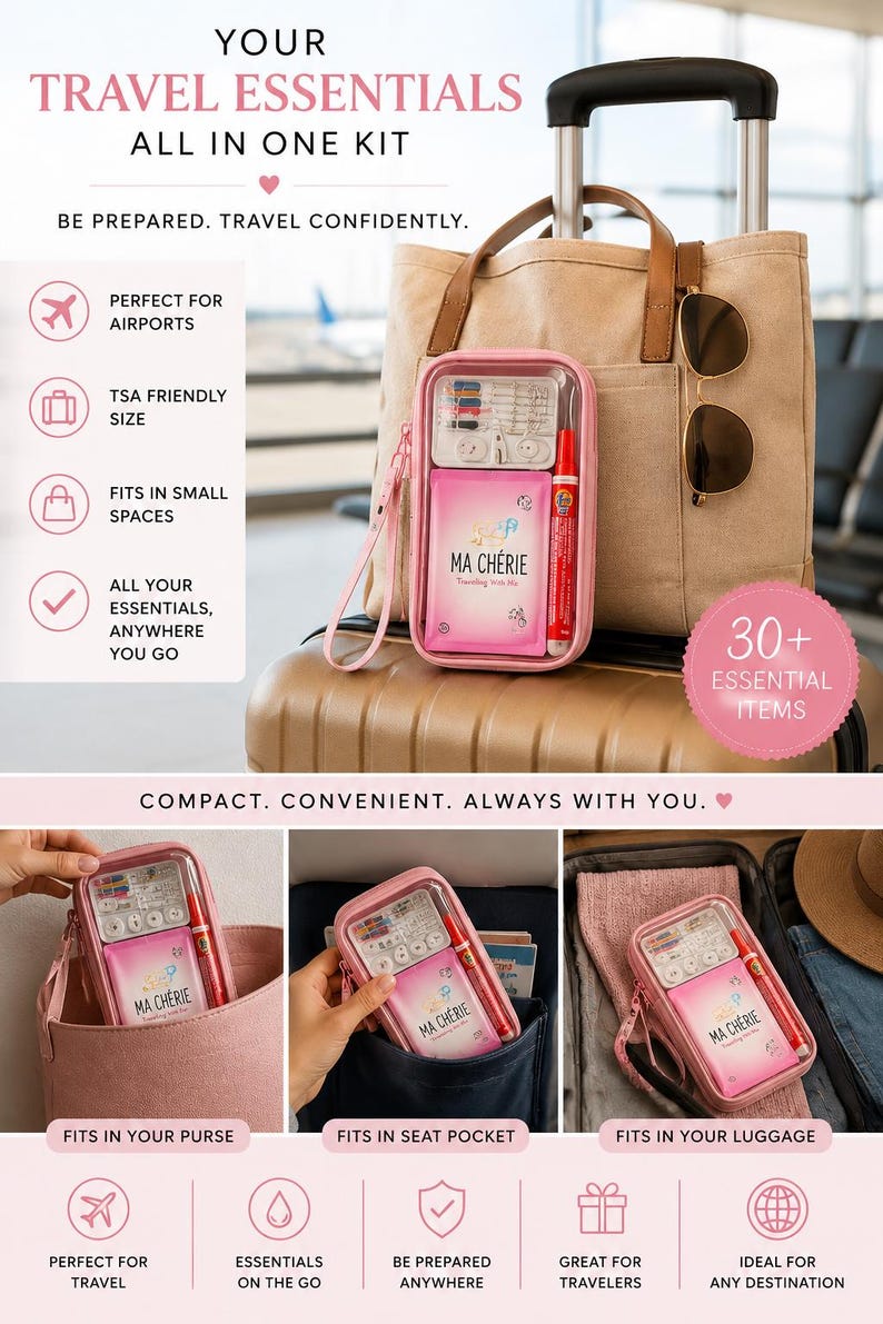May include: A pink rectangular travel kit with a clear front panel containing various small items, including a sewing kit and a pink packet labeled Ma Ch&eacute;rie. The kit features a wrist strap and is shown in multiple travel contexts.