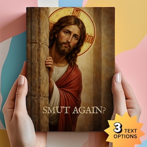 May include: A rectangular book cover featuring a religious-style illustration of a man with long brown hair and a beard, wearing a white tunic and red robe, standing behind a stone pillar. The text SMUT AGAIN? is printed in gold at the bottom.