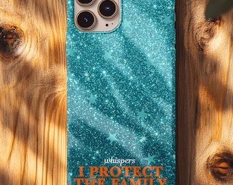 Showgirl Era Phone Case "I Protect the Family": Teal Glitter-Look with Stars, Sparkly Opalite Color Case, Tough Protection for Phones OGSG25