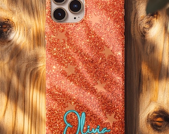 Custom Name Showgirl Era Phone Case, Orange Glitter-Look with Orange Stars, Tough Phone Case, Gift for Music Fan, Dancer Gift