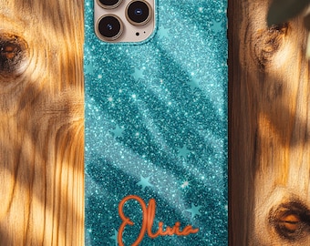 Showgirl Era Phone Case: Glittery Teal with Orange Custom Name, Sparkly Opalite Tough Phone Cover, Protect iPhone Samsung Pixel