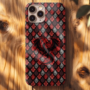 Phone Case with Shimmery Dragon Scale Design, Red Black Gothic Dragon Scales, Tough Phone Protector, Gift for Fantasy Fans and Dragon Lovers