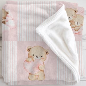 Teddy Bear Baby Name Blanket: Watercolor Teddies Newborn Stripes Blanket, Soft Minky Custom Gift Throw, Personalized Patchwork Nursery Decor