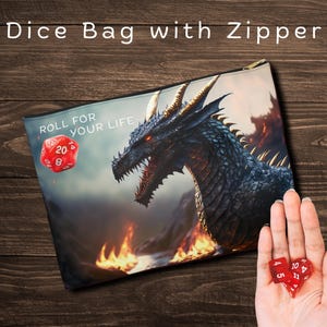 Zipper Pouch for Kids: Dragon Bag with D20, &quot;Roll For Your Life&quot; DnD Dice Storage, RPG Gaming Gift, Gifts for DnD Players, 4DND4U