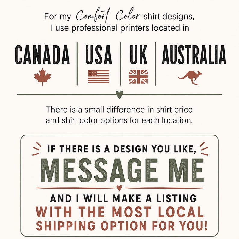 Puede incluir: Un gr&aacute;fico informativo con texto en negro y rojo oscuro sobre un fondo claro. Indica: For my Comfort Color shirt designs, I use professional printers located in CANADA, USA, UK, AUSTRALIA. IF THERE IS A DESIGN YOU LIKE, MESSAGE ME.