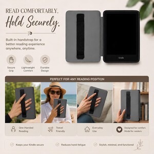 May include: A grey protective case for a Kindle e-reader featuring a black elastic hand strap on the back cover. The case is shown in multiple views, including an open view with the device and closed views demonstrating the integrated hand strap.