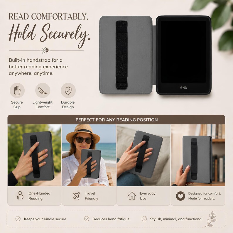 May include: A grey protective case for a Kindle e-reader featuring a black elastic hand strap on the back cover. The case is shown in multiple views, including an open view with the device and closed views demonstrating the integrated hand strap.