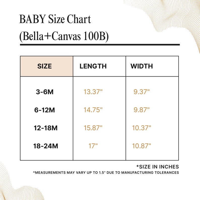 Puede incluir: Una tabla de tallas para beb&eacute;s Bella+Canvas 100B. La tabla enumera las tallas 3-6M, 6-12M, 12-18M y 18-24M con las medidas de largo y ancho correspondientes en pulgadas. Indica que las medidas pueden variar hasta 1.5 pulgadas por fabricaci&oacute;n.