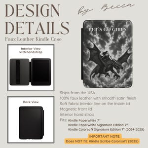 May include: A black and white faux leather Kindle case featuring a graphic of a person riding a dragon against a cloudy sky with the text LET'S GO GIRLS. The case includes an interior hand strap, a magnetic front lid, and a soft fabric interior.