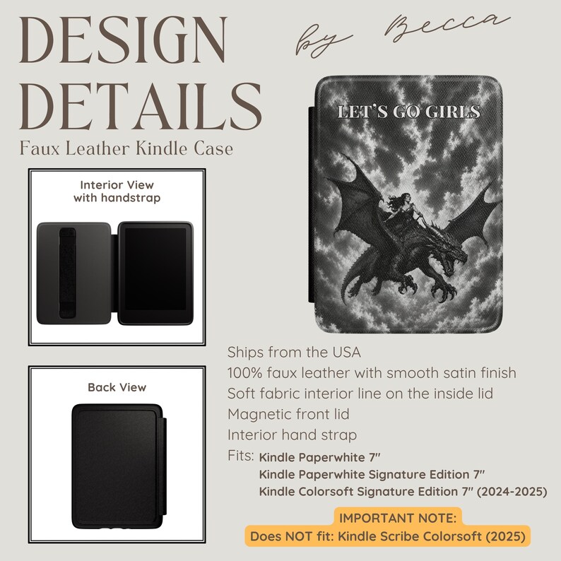 May include: A black and white faux leather Kindle case featuring a graphic of a person riding a dragon against a cloudy sky with the text LET'S GO GIRLS. The case includes an interior hand strap, a magnetic front lid, and a soft fabric interior.