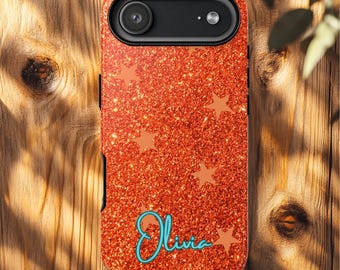 Custom Name Showgirl Era Phone Case, Orange Glitter-Look with Stars, Sparkly Tough Phone Protector, Gift for Music Fan, Dancer Gifts