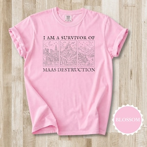 K&ouml;nnte beinhalten: Ein hellrosa T-Shirt mit hochgekrempelten &Auml;rmeln. Auf der Vorderseite befindet sich eine schwarze Grafik mit dem Text "I AM A SURVIVOR OF MAAS DESTRUCTION" und Illustrationen von Crescent City, Terrasen und Velaris.
