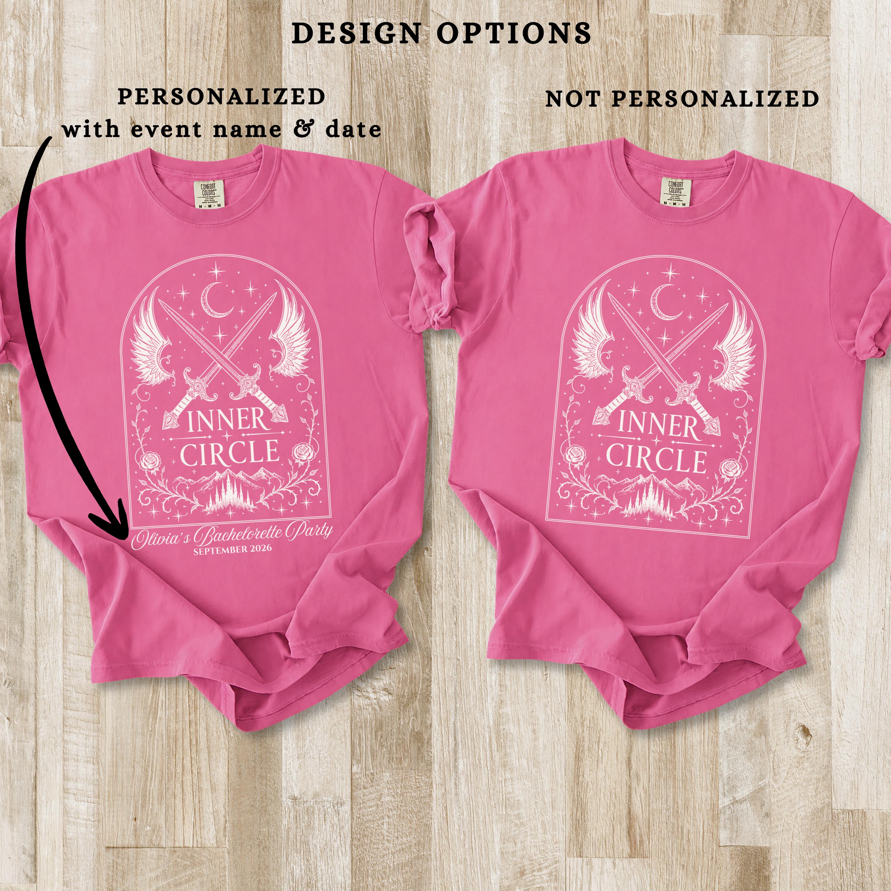 Puede incluir: Dos camisetas de color rosa brillante con un gr&aacute;fico blanco de espadas cruzadas, alas, una luna creciente y el texto "INNER CIRCLE". Una camiseta incluye el texto personalizado "Olivia's Bachelorette Party SEPTEMBER 2026" en la base.