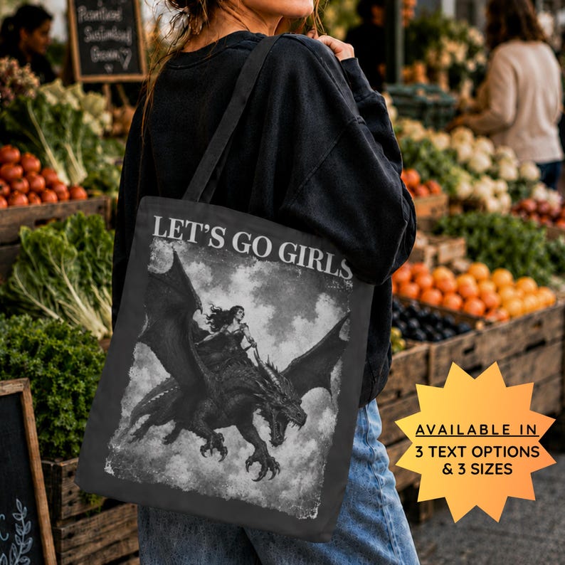 Dragon Rider Tote Bag: Bookish Gift for Romantasy Readers, Strong Women Gift, Girls Will Be Girls, Let's Go Girls, Girl Power Bag image 1