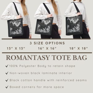 May include: A black tote bag featuring a graphic of a figure riding a dragon with the text GIRLS WILL BE GIRLS. The bag is available in 13 inches by 13 inches, 16 inches by 16 inches, and 18 inches by 18 inches. It has a polyester body, black interior, and cotton handles.