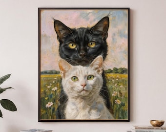Digitales Kunstposter Schwarz-Weiß-Katzen-Wiesenporträt Druckbare Wandkunst