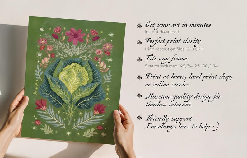 Cabbage Art: Botanical Wall Print, Digital Painting for Kitchen Decor ...