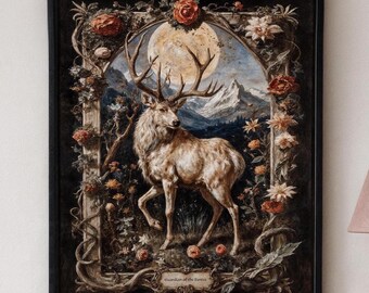 Celestial White Stag Poster Full Moon Wall Art Magical Forest Vintage Gift Print