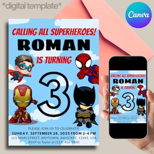 Superheld-Geburtstagseinladung mit anpassbarer Vorlage, Avengers Superhero Digitale Einladung, Superhelden-Themen-Einladung, digitaler Download