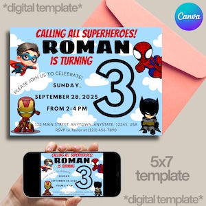 Superheld-Geburtstagseinladung mit anpassbarer Vorlage, Avengers Superhero Digitale Einladung, Superhelden-Themen-Einladung, digitaler Download
