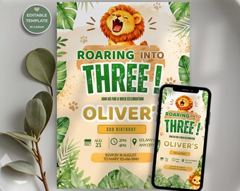 May include: A digital birthday invitation template featuring a cartoon lion, green tropical leaves, and the text ROARING INTO THREE! JOIN US FOR A WILD CELEBRATION OLIVER'S 3RD BIRTHDAY. The design is displayed on a printed card and a smartphone screen.