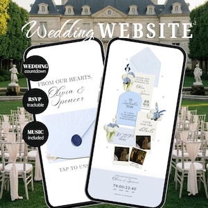 May include: Two smartphones displaying a wedding website template with a light blue and white color scheme. The screens feature the names Olivia and Spencer, floral illustrations, RSVP sections, a countdown timer, and digital envelope graphics.